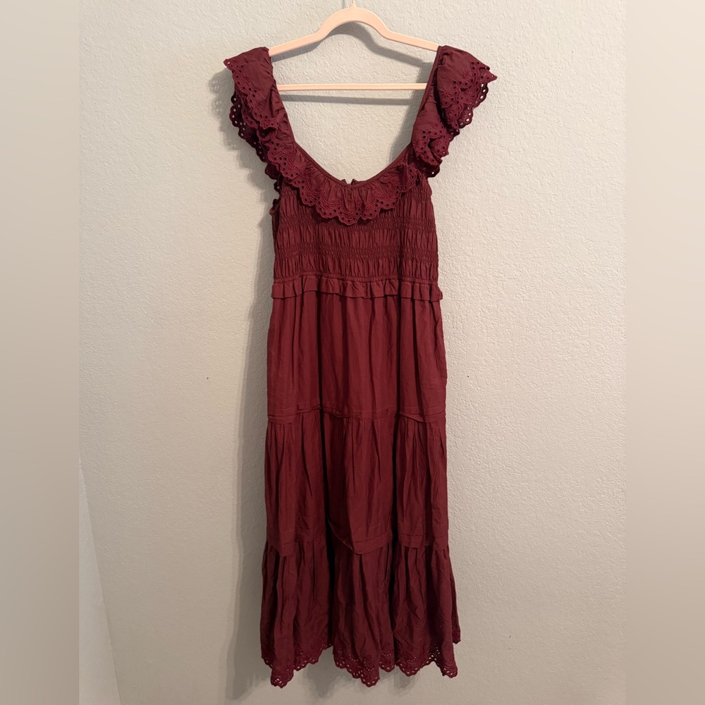 Madewell Burgundy Smocked Midi Dress | 12 | Eyelet Ruffle | Boho